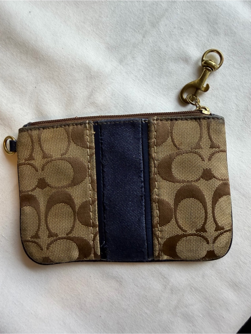 Coach Khaki/Brown Signature Canvas Key Pouch with Navy Stripe